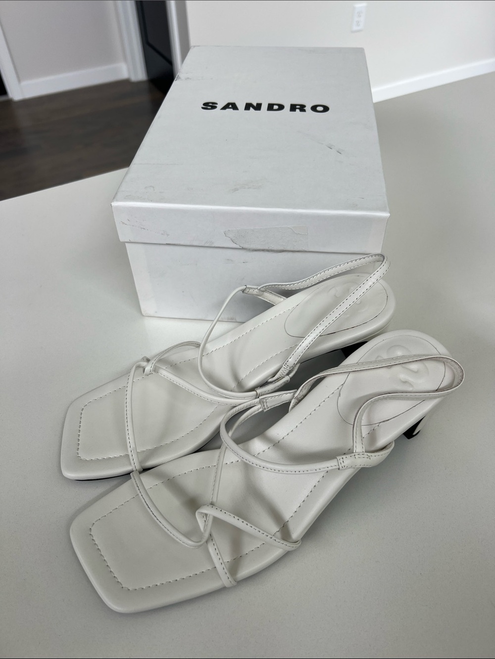 Sandro faye ecru white leather open toe strappy heels sandals 38